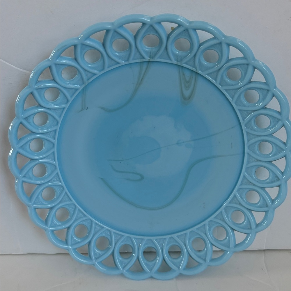 Challinor & Taylor blue milk glass slag glass 8” and 10” scroll and eye plates - Picture 3 of 14